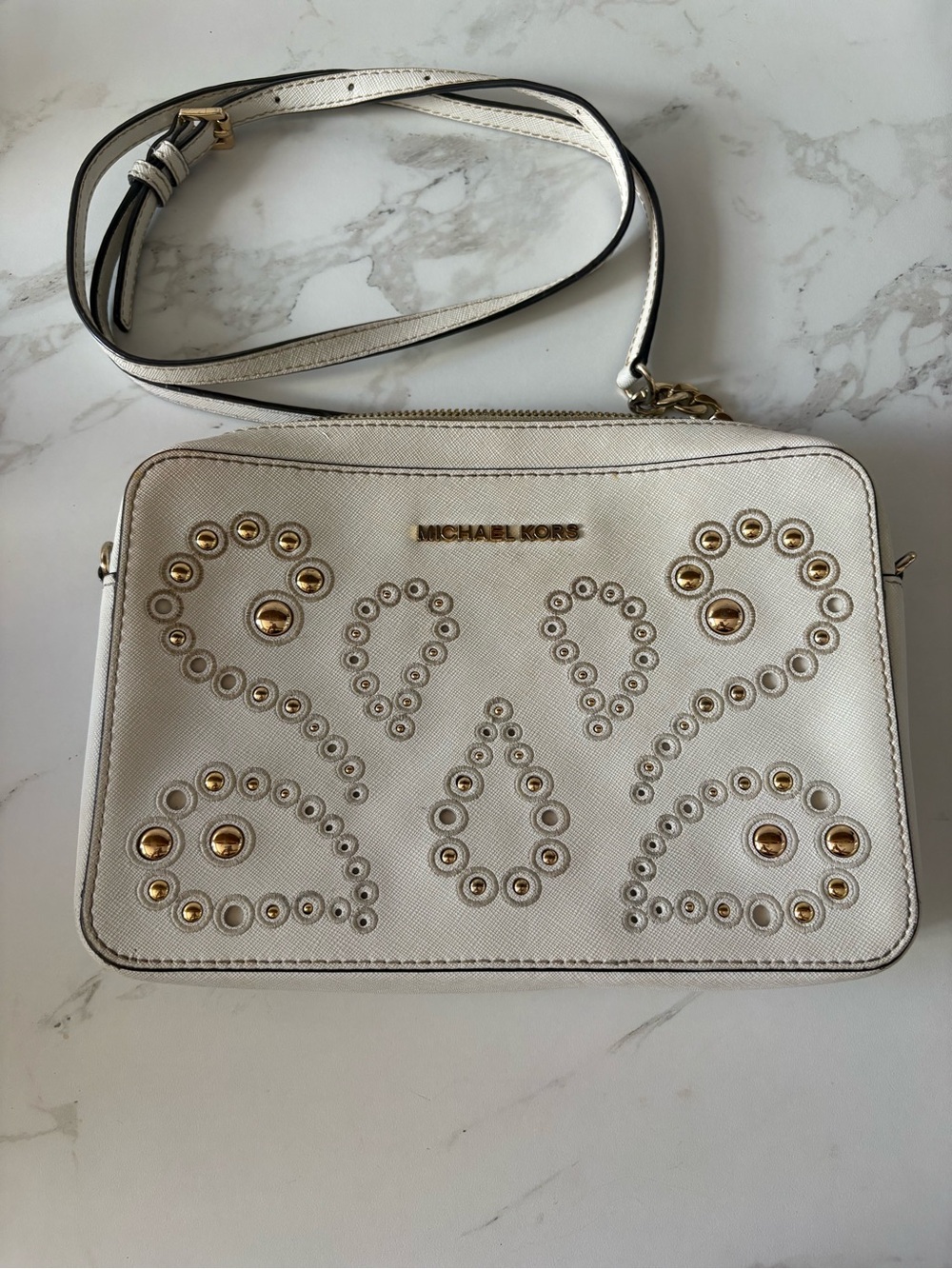 Michael Kors White Crossbody with Gold Stud Embellishments